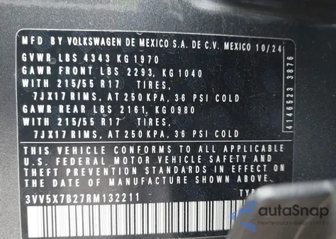 2024 Volkswagen Taos 1.5T S z USA, uszkodzony, nr VIN 3VV5X7B27RM132211